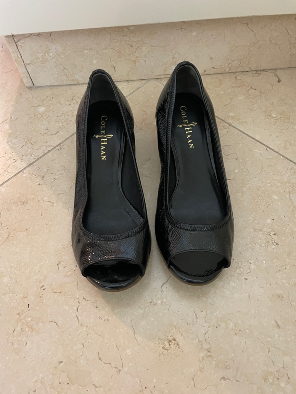Cole Haan Nike Air Black Patent Peep-Toe Wedge Pumps